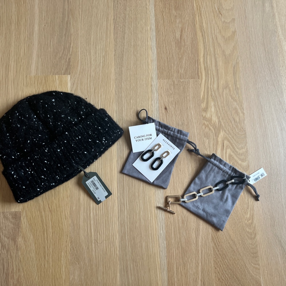 ALLSAINTS beanie, earrings, bracelet